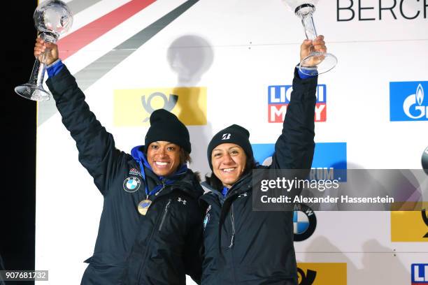 Elana Meyers Taylor and Lauren Gibbs of USA celebrate winning the 2nd place of the World Cup at Deutsche Post Eisarena Koenigssee after the BMW IBSF...