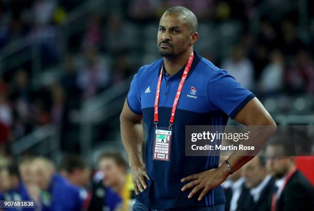 Didier Dinart, head coach of France reacts during the Men's Handball European Championship main round match between Sweden and France at Arena Zagreb...