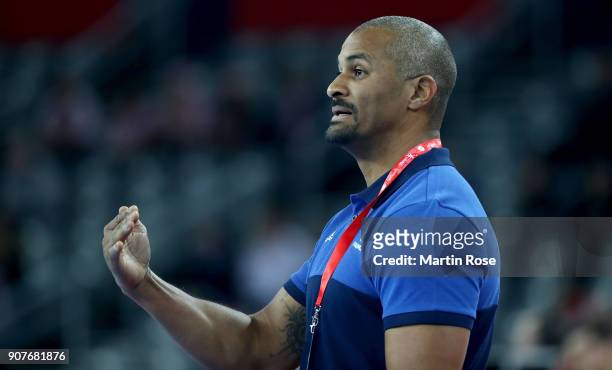 Didier Dinart, head coach of France reacts during the Men's Handball European Championship main round match between Sweden and France at Arena Zagreb...