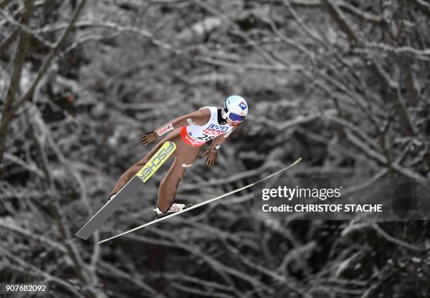 Poland's Kamil Stoch soars through the air as he competes to place second in the individual competition of the ski-flying world championships in...