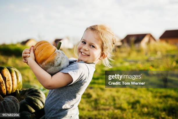 young girl smiling holding freshly harvested pumpkin - side view vegetable garden stock pictures, royalty-free photos & images