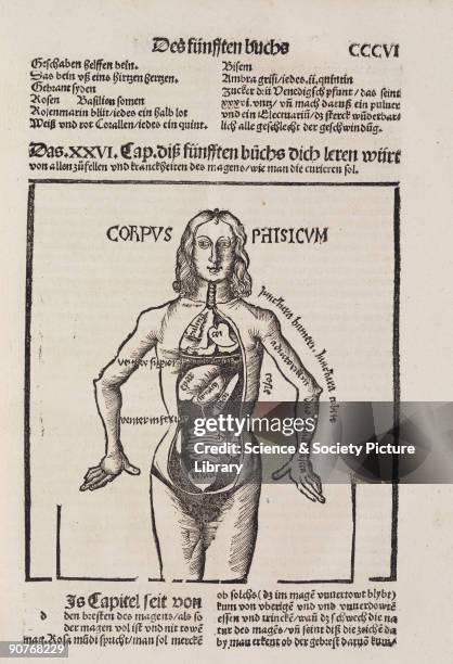 Woodcut of an anatomical female figure with internal organs exposed, which closely resembles an earlier engraving in �Margarita Philosophica� by...