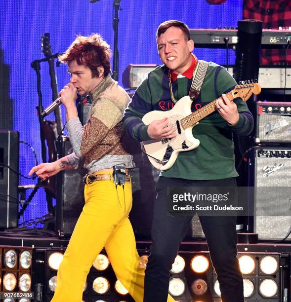 Singer Matt Shultz and guitarist Brad Shultz of the band Cage the Elephant perform onstage during the iHeartRadio ALTer EGO concert at The Forum on...