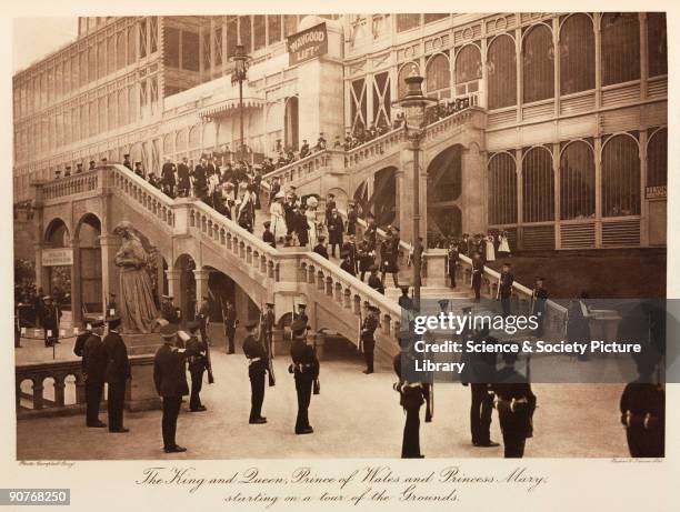 King George V, Queen Mary, the Prince of Wales and Princess Mary, attended by a military escort, view the grounds. The Crystal Palace was built to...