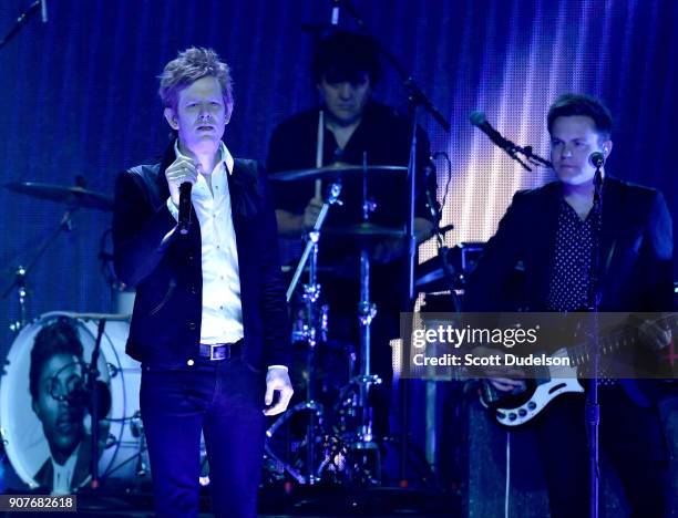 Musicians Britt Daniel , Jim Eno and Rob Pope of the band Spoon perform onstage during the iHeartRadio ALTer EGO concert at The Forum on January 19,...