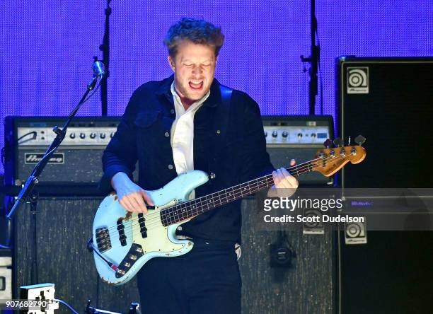 Singer Ted Dwane of the band Mumford & Sons performs onstage during the iHeartRadio ALTer EGO concert at The Forum on January 19, 2018 in Inglewood,...