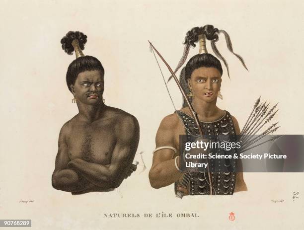 Two warriors from Ombai, now part of Indonesia; one holds a bow and arrows. Illustration from �Voyage autour du monde: entrepris par ordre du...