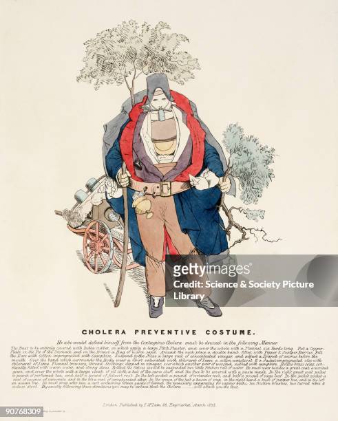 Coloured lithograph published by T McClean during a cholera epidemic and showing a caricature of man wearing a bulky costume made of useless...