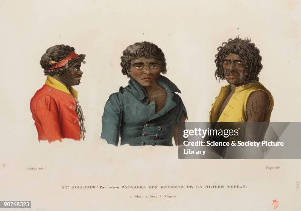 Portraits of Australian aboriginals from the Port Jackson area in what is now New South Wales: 1) Jedat; 2) Tara; 3) Nemare. Illustration from...