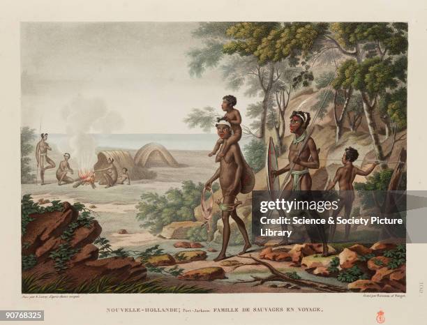 European depiction of Australian aboriginals from the Port Jackson area in what is now New South Wales. Illustration from �Voyage autour du monde:...