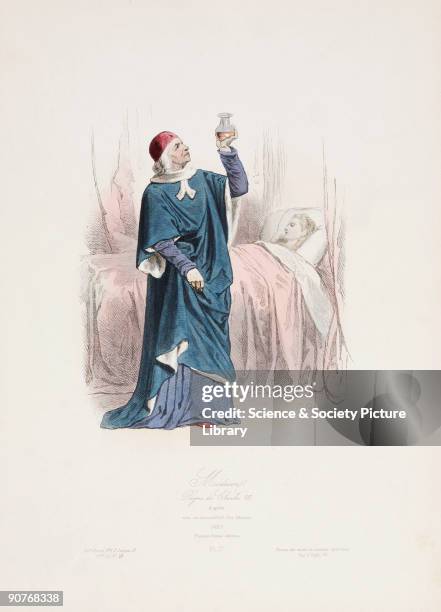 �Medecine: Regne de Charles VIII�. Coloured engraving printed by Polydore-Jean-Charles Pauquet c 1880s, after a manuscript of 1493. A doctor in a...