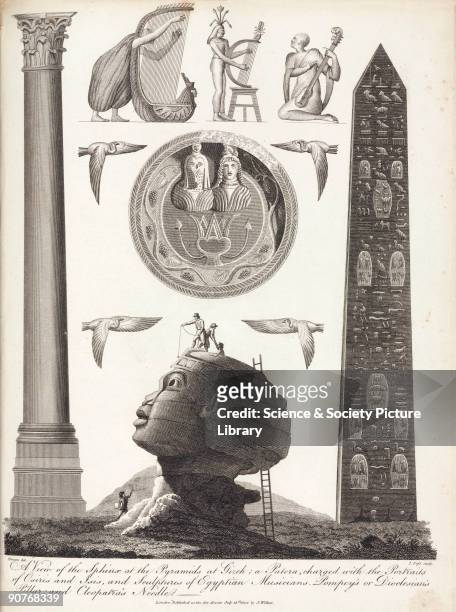 Engraving by J Pass after Denon showing Ancient Egyptian artifacts. At the top are sculptures of musicians playing harps and other stringed...
