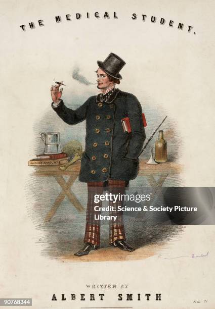 Colour lithograph vignette by Brandard, illustrating sheet music by Albert Smith. A young medical student wearing checked trousers, with his hat at a...