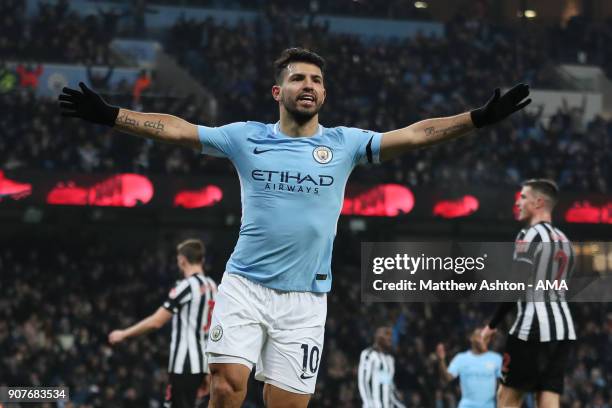 Sergio Aguero of Manchester City celebrates after scoring a goal to make it 1-0 during the Premier League match between Manchester City and Newcastle...