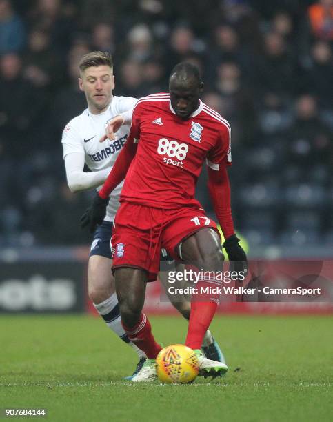 Preston North End's Paul Gallagher battles with Birmingham City's Cheick Ndoye during the Sky Bet Championship match between Preston North End and...