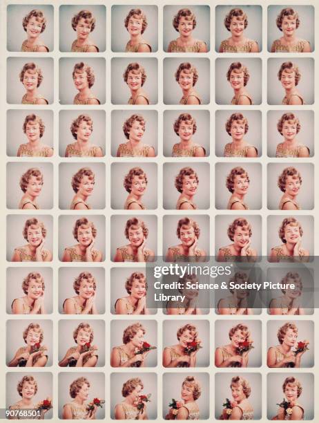 Polyphotos, over 40 portraits are taken and printed as a contact sheet for the sitter to chose the best ones to be blown up as a portrait. Colour...