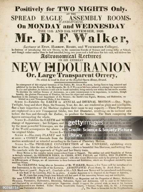 Handbill advertising astronomical lectures by Mr D F Walker, including a demonstration of the �Eidouranion� or �Large Transparency Orrery�, at the...