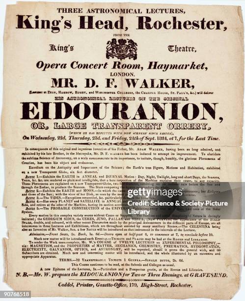 Handbill advertising astronomical lectures by Mr D F Walker, including a demonstration of the �Eidouranion� or �Large Transparency Orrery�, at the...