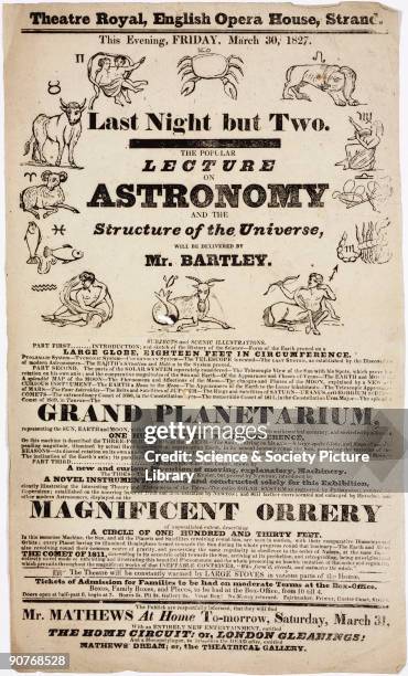 Handbill advertising the last night but two of a series of lectures on astronomy and the phenomena of the heavens and earth to be given at the...