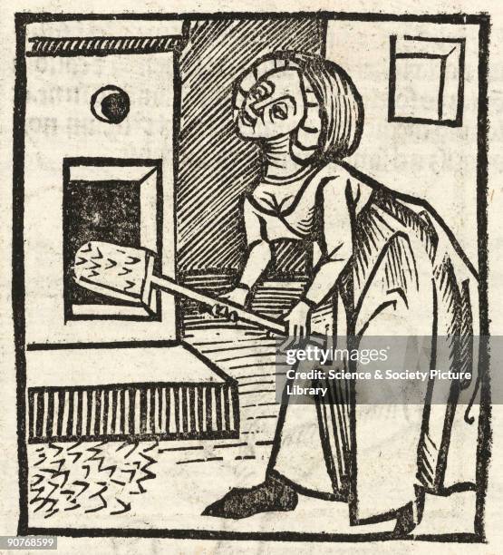 Woodcut of a woman who may be stoking a furnace or baking bread. Illustration from �Hortus Sanitatis�, , printed by Johann Pruss in Strasbourg in...