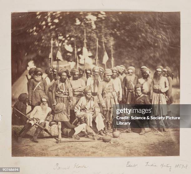 Photograph of a group of irregular cavalry known as 'Fane's Horse', taken by Felice Beato in about 1860. Included in the group are two European...