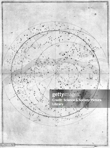 Illustration taken from 'Uranometria' by Johann Bayer, showing a map of the southern celestial pole. German astronomer and lawyer Johann Bayer...