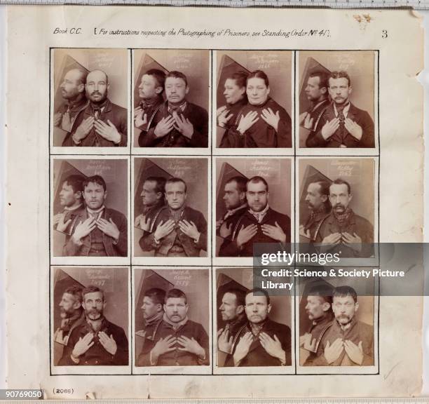 Page from an album of criminal register photographs, taken by a unknown photographer at Wormwood Scrubs prison in about 1890. The criminals hold up...