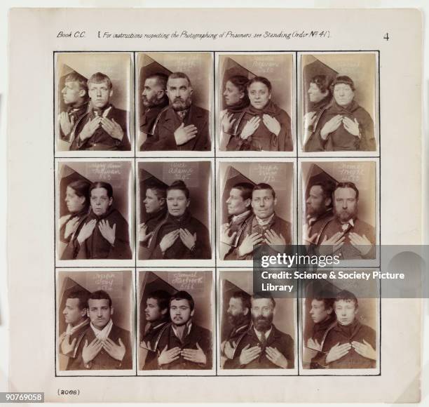 Page from an album of criminal register photographs, taken by a unknown photographer at Wormwood Scrubs prison in about 1890. The criminals hold up...