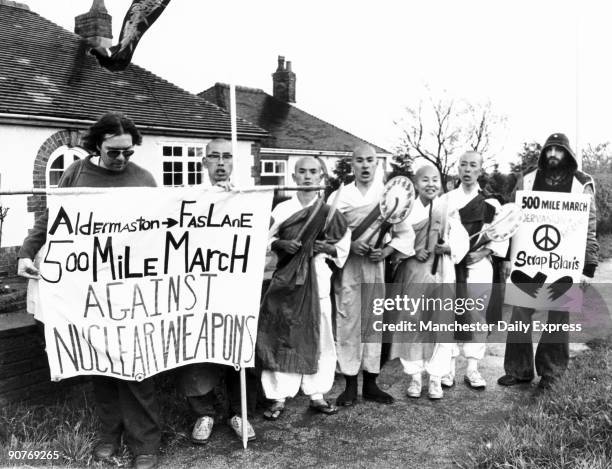 Protesters including Buddhist monks on the Aldermaston-Faslane 500-mile march against nuclear weapons. The Royal Navy Clyde Submarine Base at Faslane...