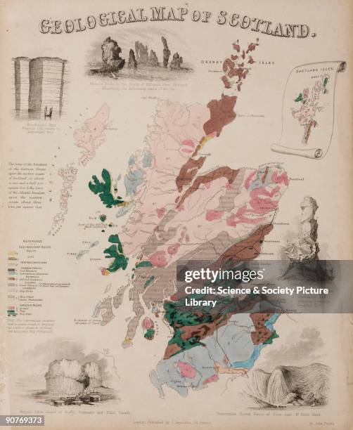 Geographical diagram showing colour-coded areas of rock formations in Scotland, one of a series of 44 educational charts drawn and engraved by John...