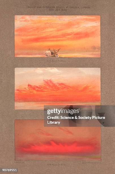 Chromolithograph by the Cambridge Scientific Instrument Company after a drawing by William Ascroft . Second frontispiece plate from �The Eruption of...