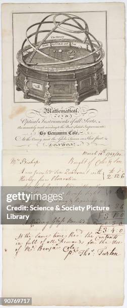 Engraving by Thorongood of �The Orrery� by Cole and Son on a letterhead and bill for mathematical and optical instrument maker, Benjamin Cole and...