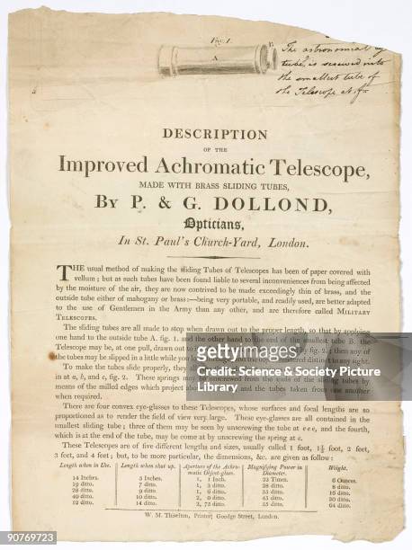 Printed Handbill giving a description of an improved achromatic telescope being sold by the English optical instrument makers Peter and George...