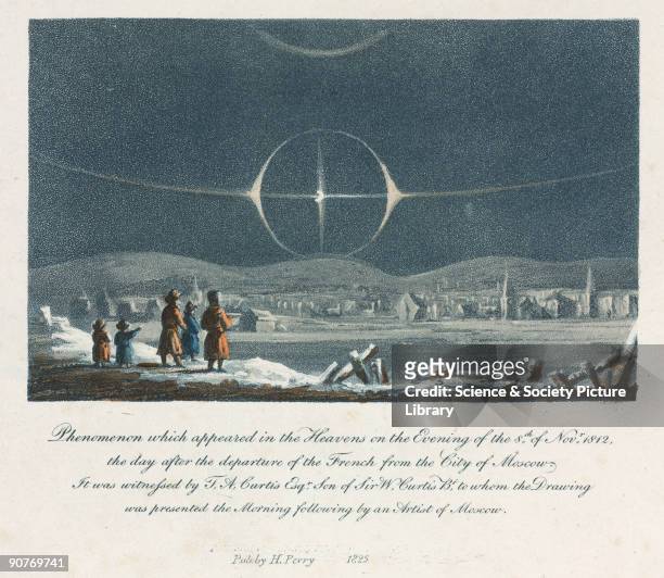Hand coloured stipple engraving illustrating an unusual collection of atmospheric phenomena caused by moonlight refracted through ice crystals in...