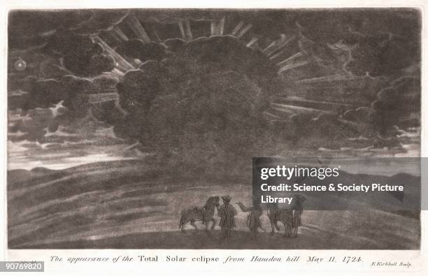 Print by E Kirkhall showing a group of riders dismounted from their horses observing a total solar eclipse. The title of the mezzotint indicates that...