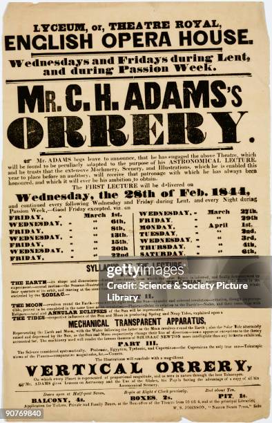 Handbill advertising a series of lectures on astronomy to be given at the Lyceum, or the Theatre Royal, English Opera House by C H Adams. The...