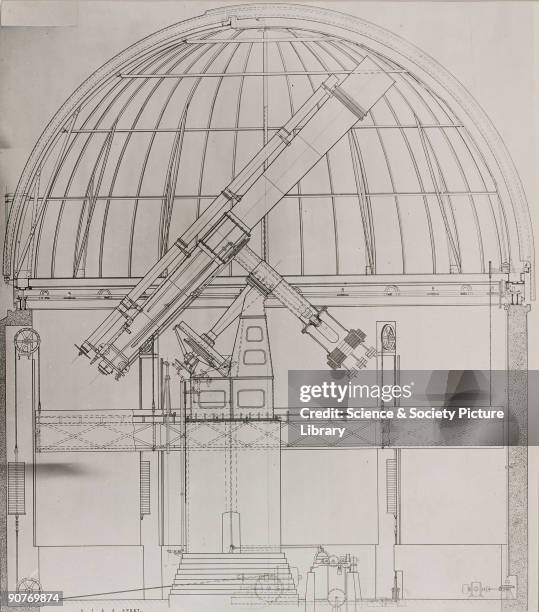 Photograph showing a cross-section drawing of the observatory building and the 41 inch refracting telescope ordered by the Russian government for its...