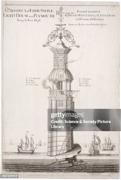 Engraving by I Sturt after a drawing by Jaaziell Johnston, showing the first lighthouse to be built on the notorious Eddystone reef, 14 miles off the...