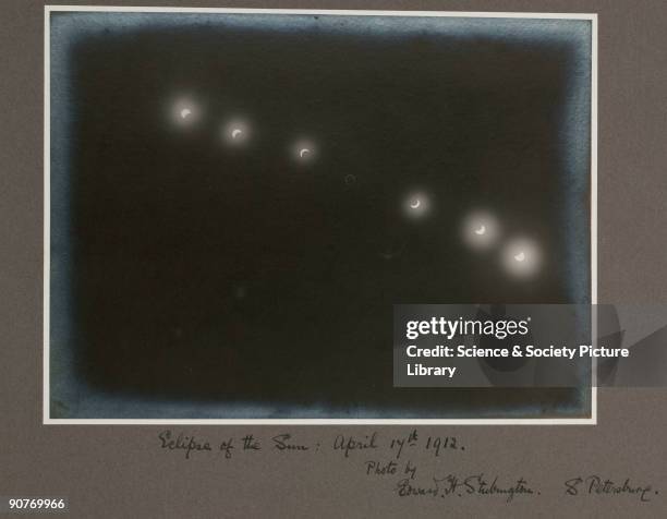 Photograph showing a time-lapse sequence of seven images of the partial phases and totality seen during the solar eclipse of the 17 April 1912. H...