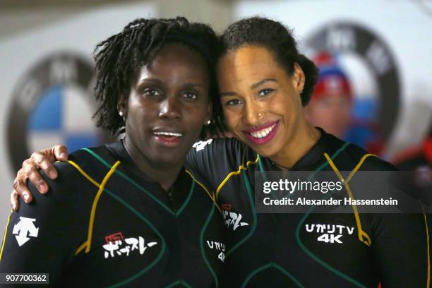 Jazmine Fenlator-Victorian and Carrie Russell of Jamaica compete at Deutsche Post Eisarena Koenigssee during the BMW IBSF World Cup Women`s Bobsleigh...