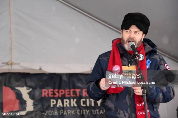 Actor Nick Offerman speaks onstage at the Respect Rally in Park City during the 2018 Sundance Film Festival on January 20th, 2018 in Park City, Utah.
