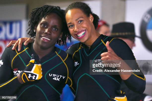 Jazmine Fenlator-Victorian and Carrie Russell of Jamaica compete at Deutsche Post Eisarena Koenigssee during the BMW IBSF World Cup Women`s Bobsleigh...
