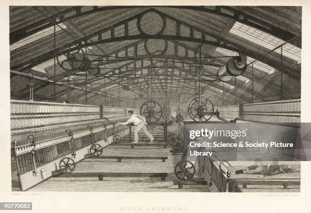 Engraving after a drawing by Thomas Allom, showing textile workers using the spinning mule. The mechanisation of textile machinery throughout Britain...