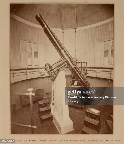 Photograph showing the interior of one of the domes of the Palermo Observatory, Sicily in 1876. This building houses an equatorially mounted...