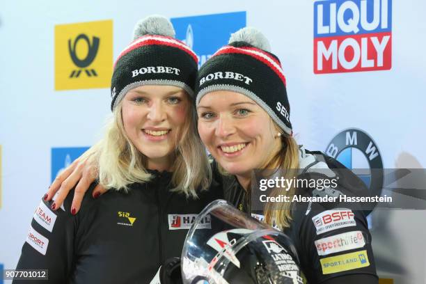 Christina Hengster and Valerie Kleiser of Austria compete at Deutsche Post Eisarena Koenigssee during the BMW IBSF World Cup Women`s Bobsleigh World...