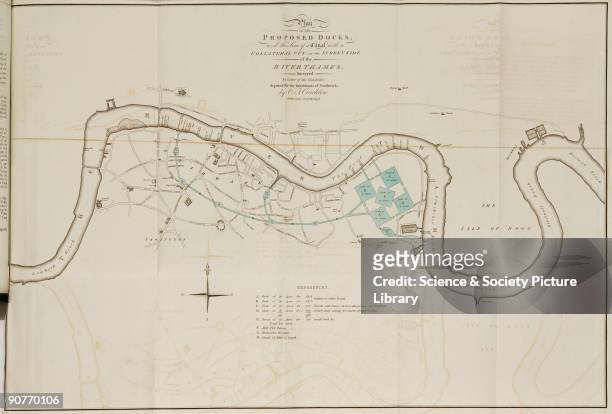 Plan of the proposed docks showing �the line of a canal with a collateral cut on Surrey Side of the River Thames�. Large docks are laid out with...