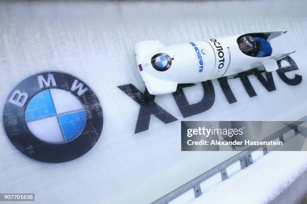 Nadezhda Sergeeva and Anastasia Kocherzhova of Russia compete at Deutsche Post Eisarena Koenigssee during the BMW IBSF World Cup Women`s Bobsleigh...