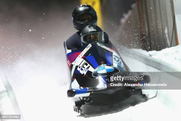 Jamie Greuberl Poser and Aja Evans of USA compete at Deutsche Post Eisarena Koenigssee during the BMW IBSF World Cup Women`s Bobsleigh World Cup on...