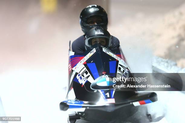 Jamie Greuberl Poser and Aja Evans of USA compete at Deutsche Post Eisarena Koenigssee during the BMW IBSF World Cup Women`s Bobsleigh World Cup on...