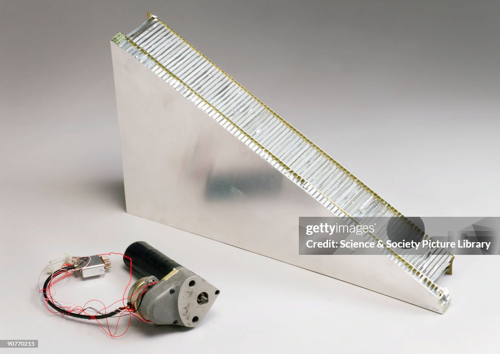 Sample radio telescope panel and adjuster motor, 1986.